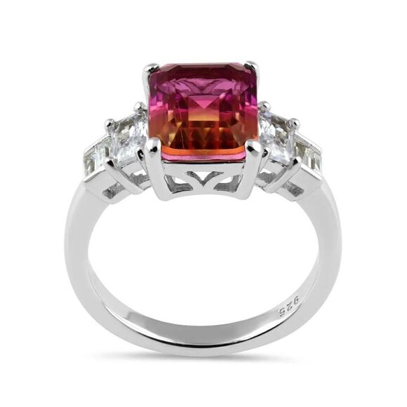 Sterling Silver Unique Padparadscha Sapphire Emerald CZ Ring - Picture 3 of 8